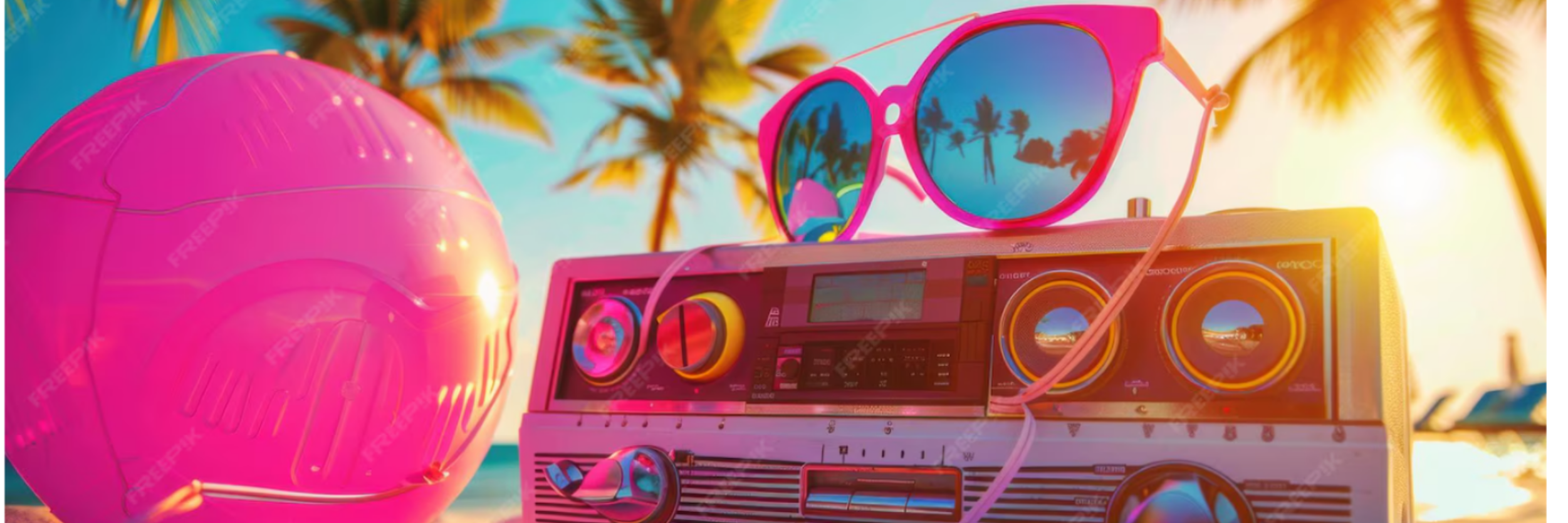 A vibrant beach scene with palm trees, featuring a pink beach ball, a boombox, and pink sunglasses reflecting the sunny sky. The mood is tropical and fun.